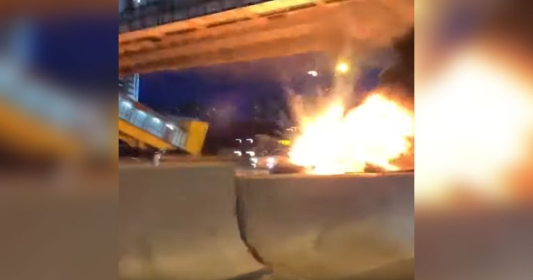 A Tesla Model 3 exploded into flames on the side of Moscow's Ring Road highway after colliding with a stationary tow truck.