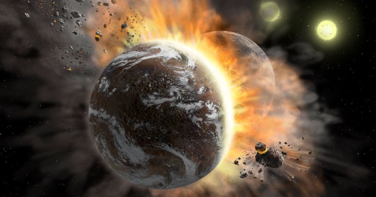In a distant star system, two fully-formed exoplanets crashed into each other, leaving an unusual trail of space dust and debris in their wake.