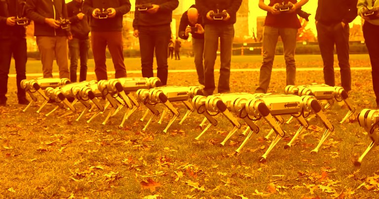 In a video uploaded by MIT's Biomimetics department, nine Mini Cheetah robots can be seen rustling up some autumn leaves and doing the occasional backflip.