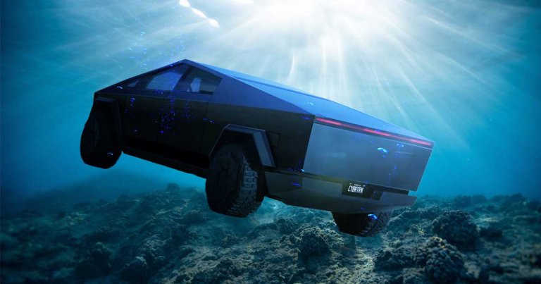 Car enthusiast Instagram account hypercarslands uploaded a render of Tesla's Cybertruck if it were amphibious, going for a dip with a passenger fishing.