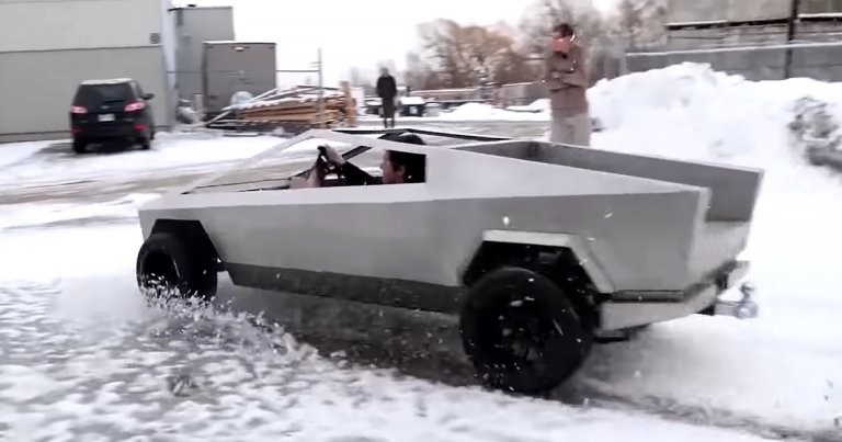 YouTubers from "The Hacksmith" have made great progress on their half scale Tesla Cybertruck, drifting around a snowy parking lot in their latest video.