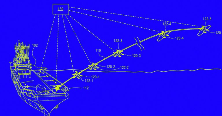A newly published Amazon patent that dates back to 2017 lays out plans for a ship-based launch system that whips paylods into space using a miles-long whip.