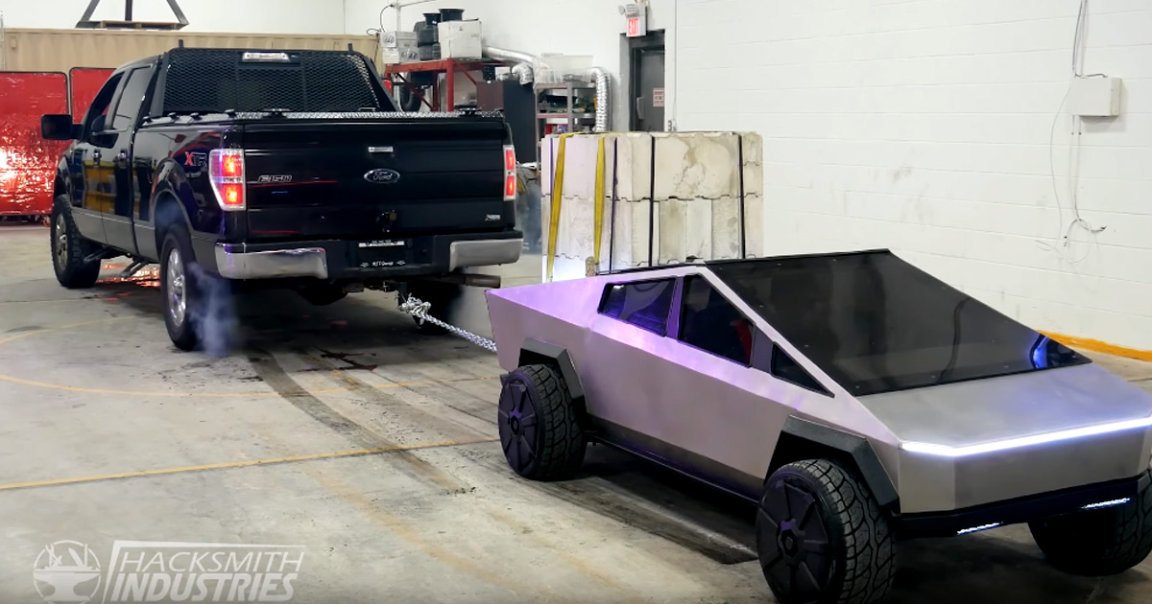 YouTubers behind the account "The Hacksmith" have built a half-scale Cybertruck that is so powerful, it can win against a Ford F150 in a tug of war.