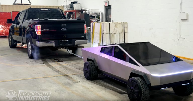YouTubers behind the account "The Hacksmith" have built a half-scale Cybertruck that is so powerful, it can win against a Ford F150 in a tug of war.