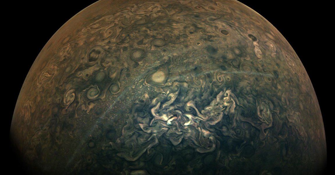 NASA's Juno spacecraft took this dramatic image of Jupiter's "tumultous northern regions" during a close flyby on February 17, 2020.
