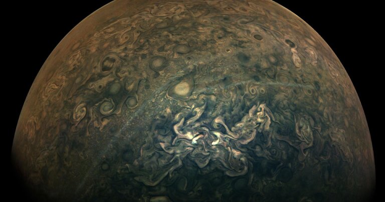 NASA's Juno spacecraft took this dramatic image of Jupiter's "tumultous northern regions" during a close flyby on February 17, 2020.