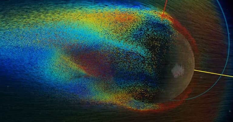A stunning new NASA animation shows how solar winds are interacting with Mars' magnetosphere to strip away the planet's atmosphere.
