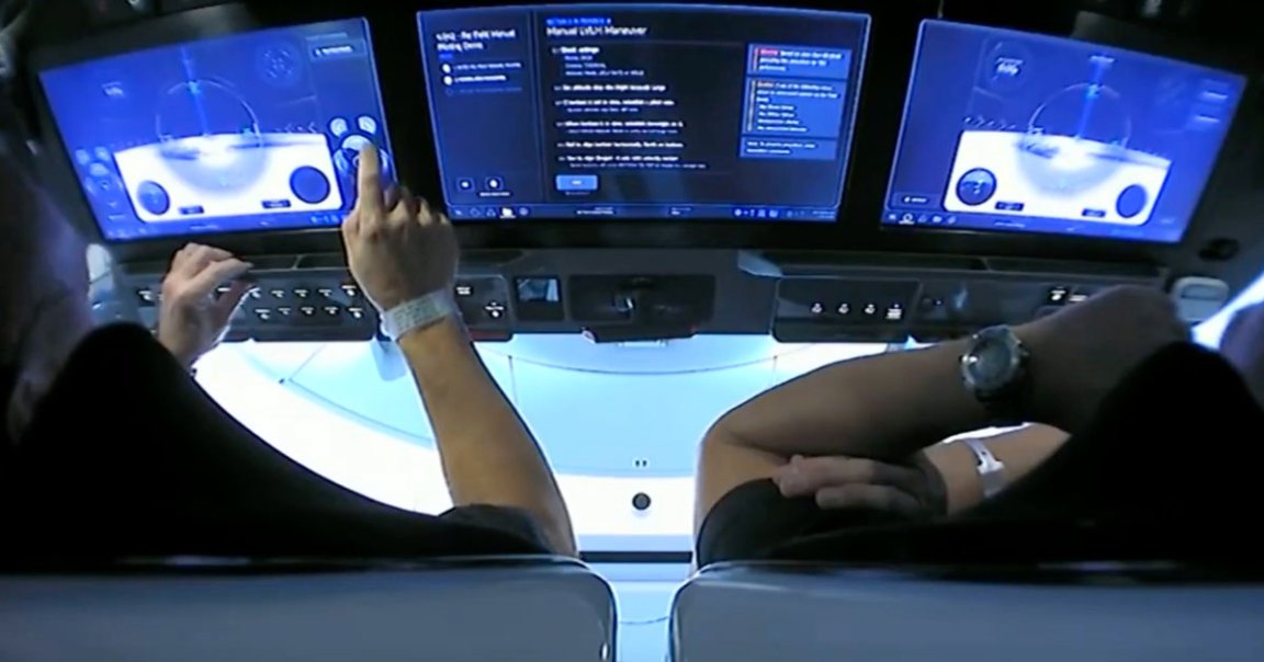 Once in orbit, NASA astronauts Bob Behnken and Doug Hurley briefly took manual control over the SpaceX Crew Dragon spacecraft.
