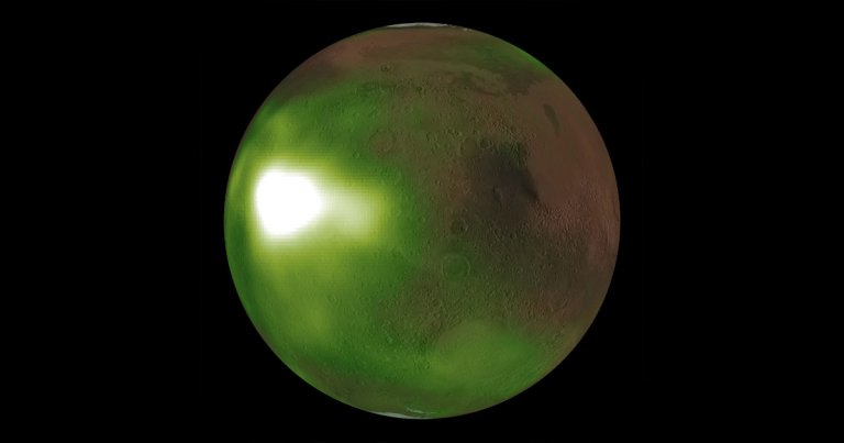A new NASA simulation shows the ghostly ultraviolet flashes of Mars's "nightglow," represented by greenish hues in the Martian night sky.