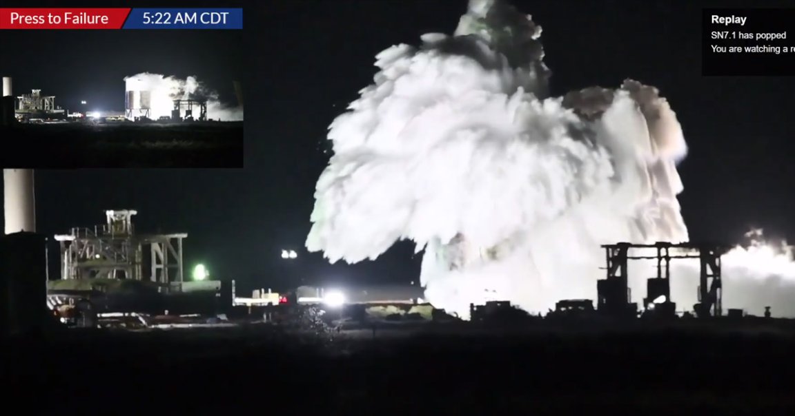 SpaceX just deliberately blew up its latest Starship prototype test tank during a pressure test Tuesday night at the company's test site in Texas.