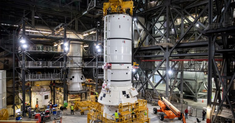 NASA has started stacking booster segments of its first heavy-lift Space Launch System at the Kennedy Space Center in Florida.