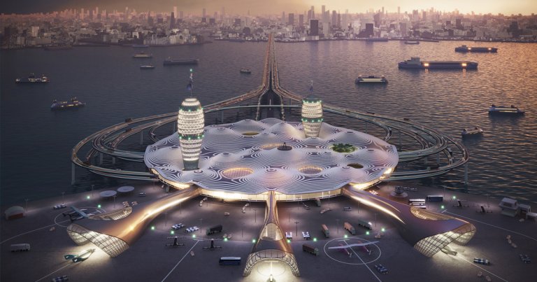 A team of Japanese architects have designed a breathtaking concept for a futuristic, four-story spaceport, meant to float just off the shore in Tokyo Bay.
