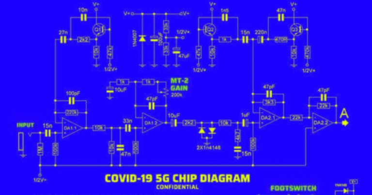 A diagram conspiracy theorists claimed to be of a 5G chip that had been inserted into the COVID-19 vaccine turned out to be the schematic of a guitar pedal.