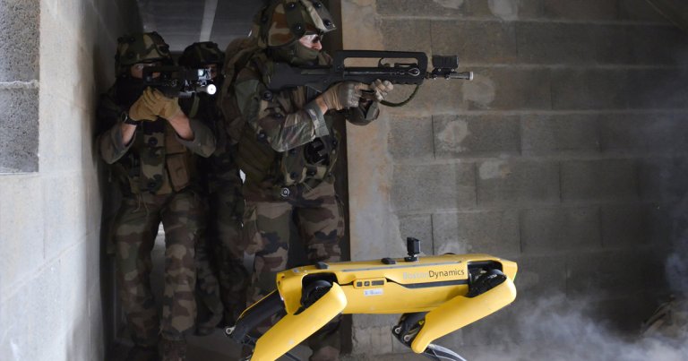 The French army's foremost military school has shown off pictures of the latest addition to its team of combatants: a four-legged robotic dog called Spot.