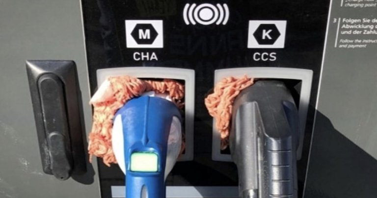 Vandals have stuffed meat into the connectors of an electric vehicle charging station in Germany -- and it's part of a growing trend.