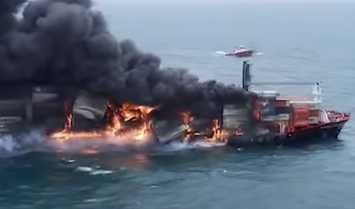 Trade Ship Exploding Raging Fire, Huge Explosion Devastate Giant Container Ship