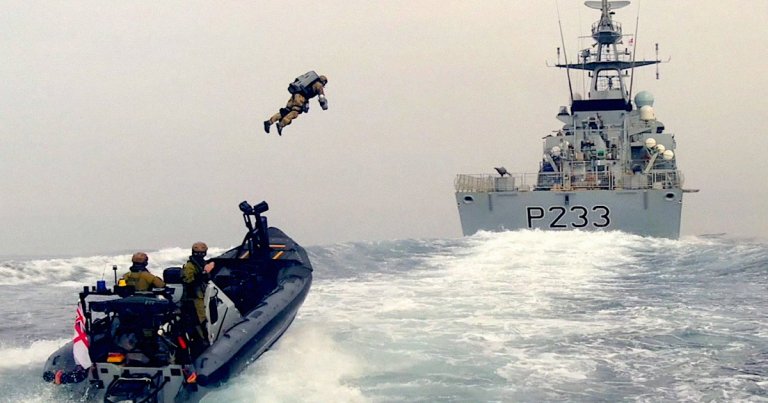 A new video uploaded by jetpack maker Gravity Industries shows a Royal Marine using a jet-powered suit to land on a nearby ship.