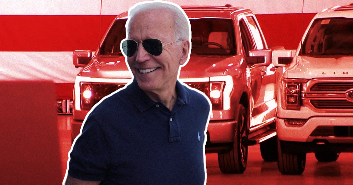 President Joe Biden raced a still unreleased and fully electric Ford F-150 Lightning through an empty parking lot near the company's headquarters Michigan.