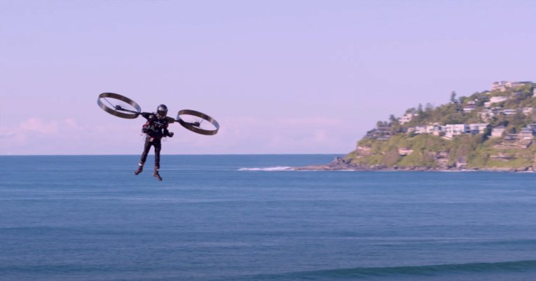 A new video shows off a daring pilot take off using what amounts to be a backpack helicopter — a futuristic blend of a jetpack and drone.
