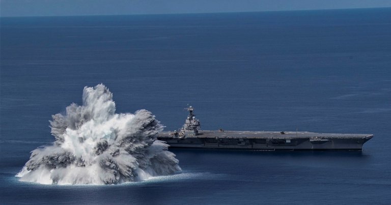The US Navy detonated 40,000 pounds worth of explosives right next to a a warship to make sure it can weather battle conditions.