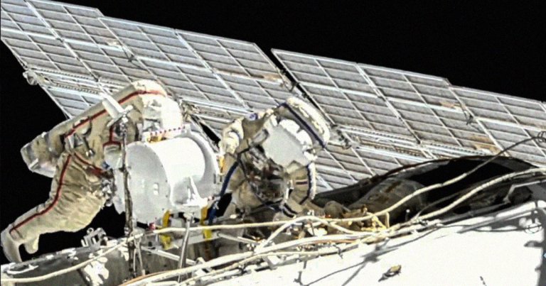 A pair of Russian cosmonauts spent seven hours early Wednesday morning preparing a docking module of the International Space Station for dismemberment.