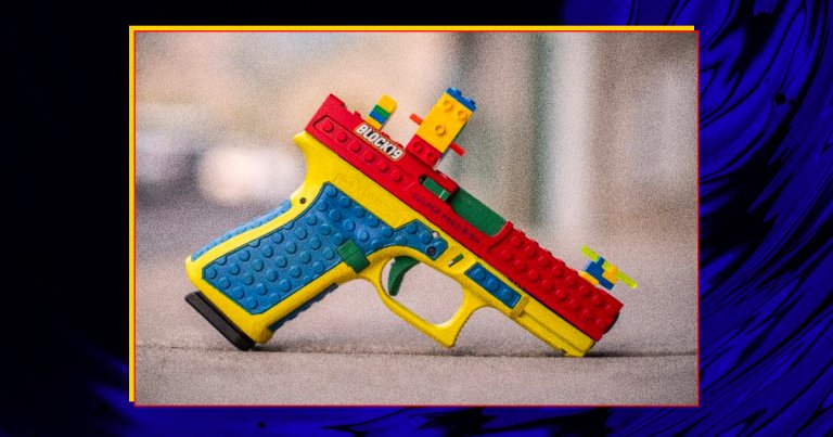 A gun shop in Utah started to sell a kit that covers real handguns in Lego bricks, making the weapons look like a colorful child's toy.