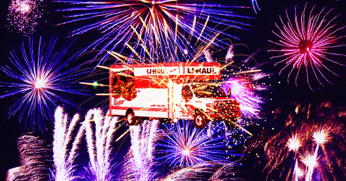 Video shows a U-Haul full of fireworks catching fire and detonating everything at once during a block party in Toledo, Ohio.