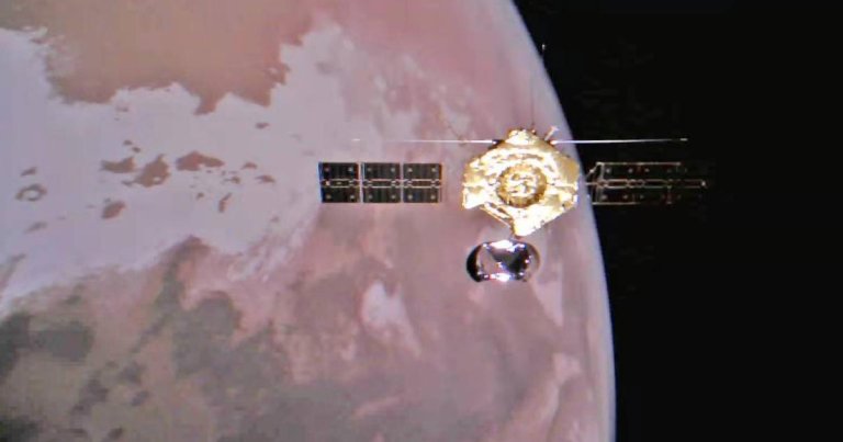 China's Tianwen-1 Mars orbiter has taken some incredible selfies with the massive surface of the Red Planet lurking ominously in the background.