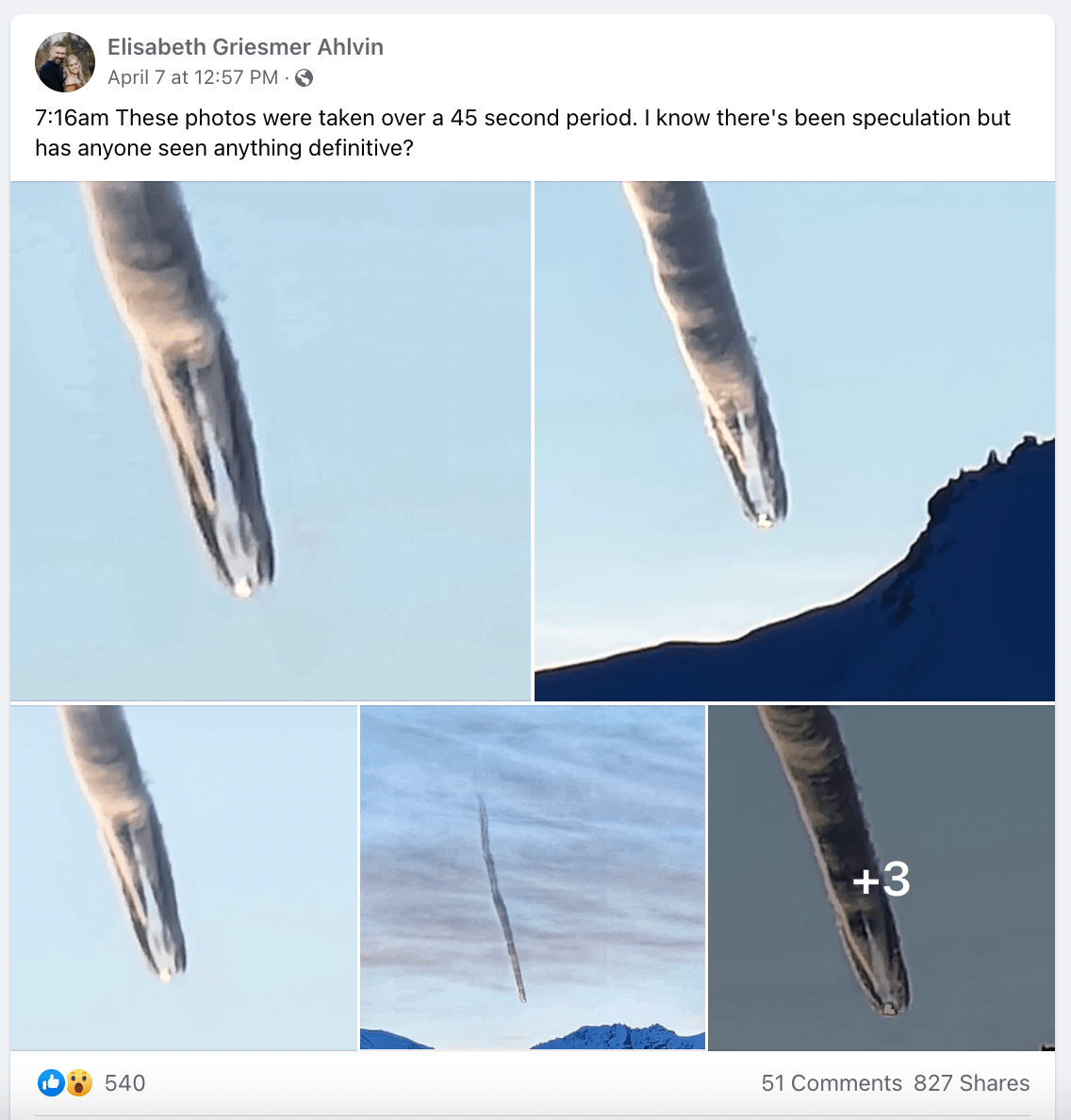 A screenshot of a post by Facebook user Elisabeth Greismer Ahlvin which reads: "7:16am These photos were taken over a 45 second period. I know there's been speculation but has anyone seen anything definitive?" The images feature an unusual cone-shaped cloud formation over a blue sky, with mountains sloping in the background of some of the photos. 