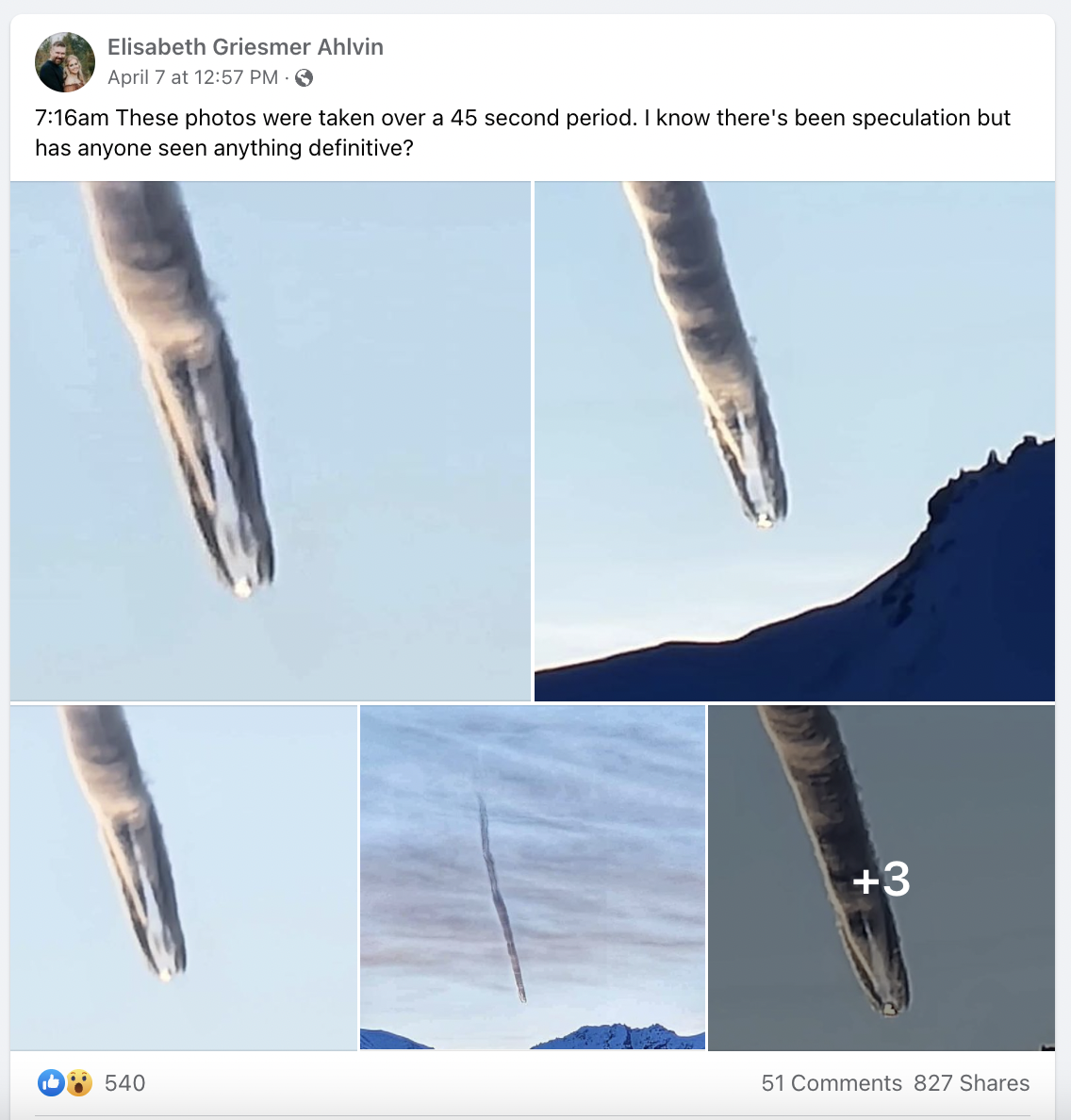 A screenshot of a post by Facebook user Elisabeth Greismer Ahlvin which reads: "7:16am These photos were taken over a 45 second period. I know there's been speculation but has anyone seen anything definitive?" The images feature an unusual cone-shaped cloud formation over a blue sky, with mountains sloping in the background of some of the photos.