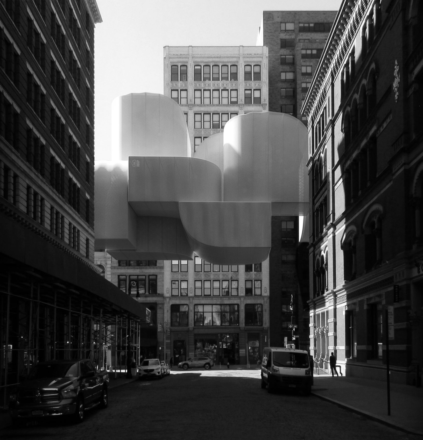 A black and white photo of a dimly-lit street with mocked-up designs for floating architecture.