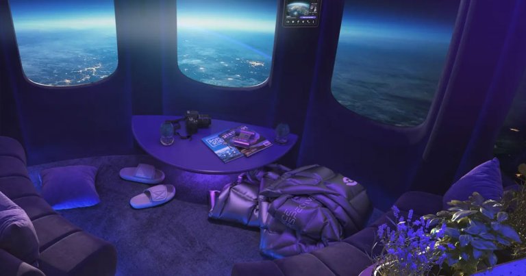 Space Perspective just showed off its "Space Lounge" cabin, which is one day meant to ascend into the Earth's atmosphere, hanging from a massive balloon.