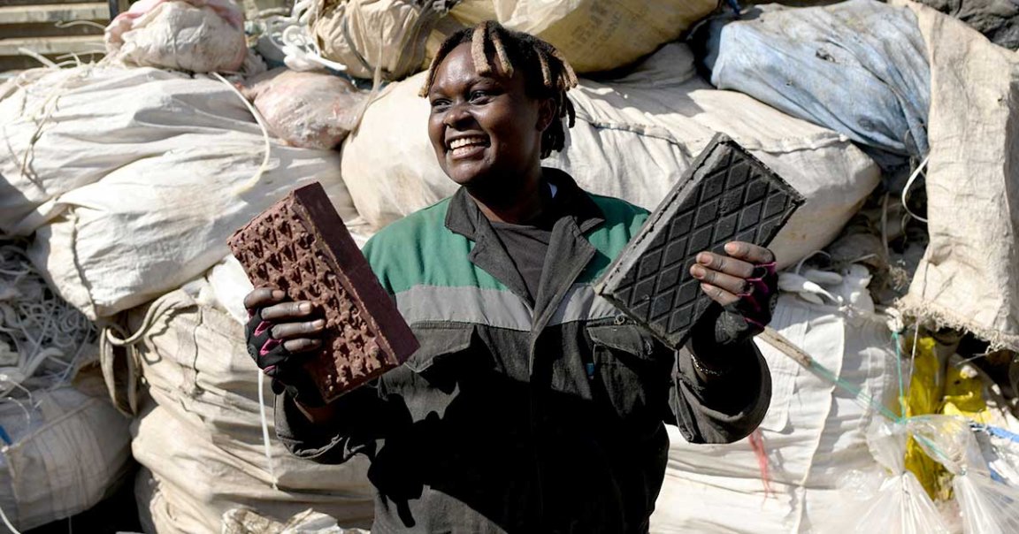 A Kenyan engineer Nzambi Matee has come up with a way to upcycle plastic trash — by pressing it with the addition of sand into usable bricks.