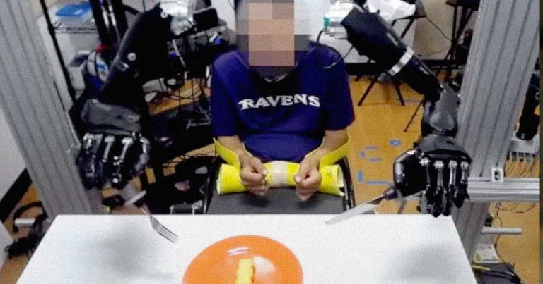 A pair of robotic arms allowed a partially paralyzed man to eat with a knife and fork, an impressive demonstration that could help many people.