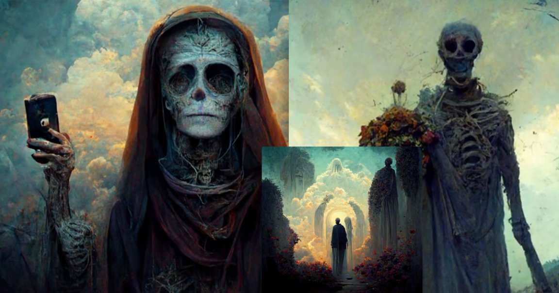 An AI image generator made a series of ghoul-filled selfies that feature skeletal, grim reaper-like figures, one captured via smartphone in the mirror.