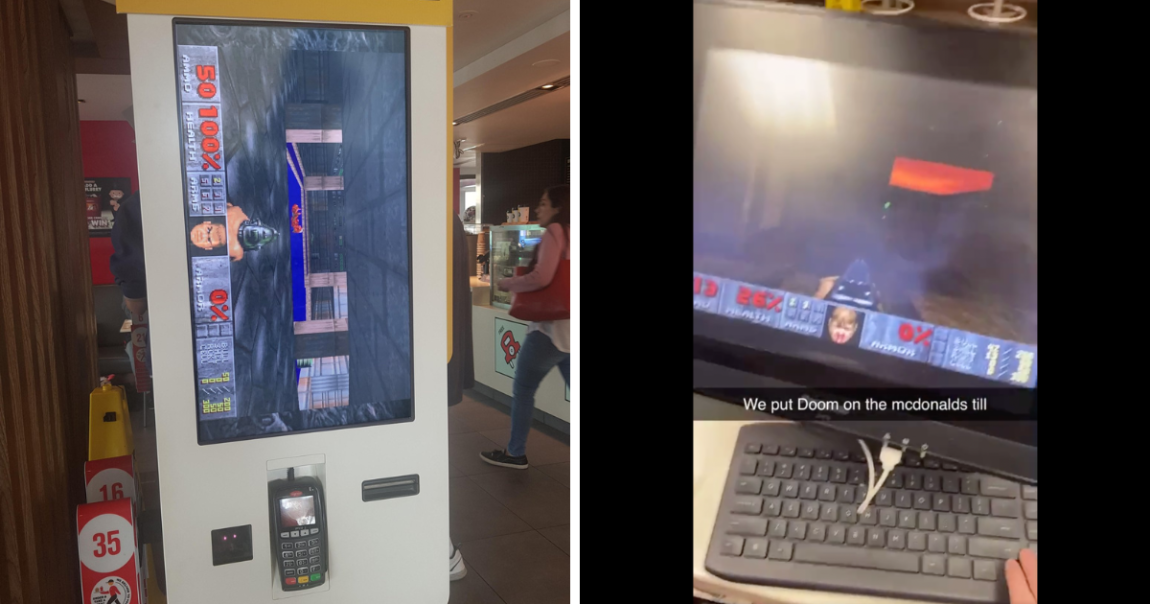Doom fans spotted something wrong with a photo of the game running on a McDonald's kiosk — it's fake. Video shows a real fan playing Doom on a till, though.