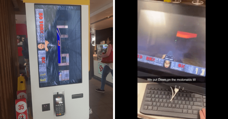 Doom fans spotted something wrong with a photo of the game running on a McDonald's kiosk — it's fake. Video shows a real fan playing Doom on a till, though.