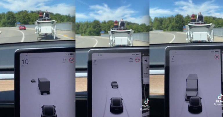 A new video shared on TikTok, which has since gone viral shows a Tesla vehicle getting mightily confused by a horse-drawn carriage.
