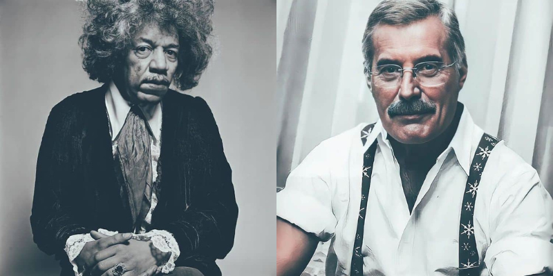 AI-generated portraits of Jimi Hendrix (left) and Freddy Mercury (right). Images via Alper Yesiltas.