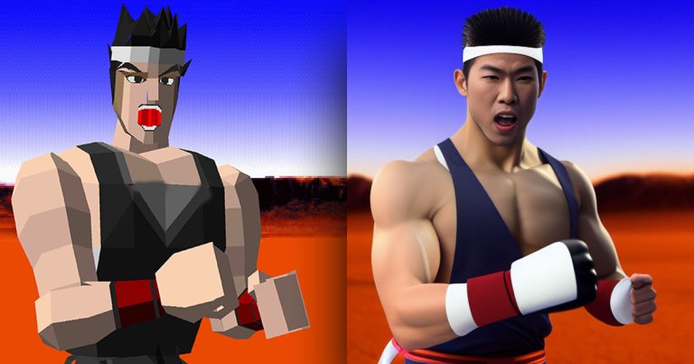 Upscaling the iconic 1993 fighting game Virtua fighter using AI, creating comically photorealistic models of the characters? Why not.