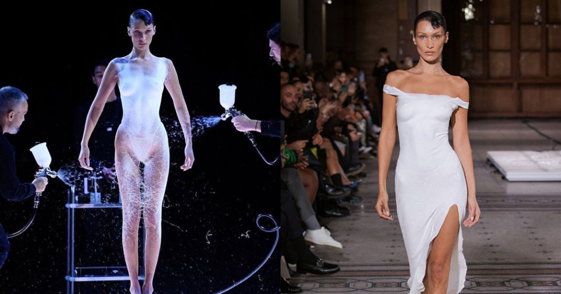 Bella Hadid held still on the Coperni runway while two armed with a sprayable fabric called Fabrican spray-painted a dress onto her figure.