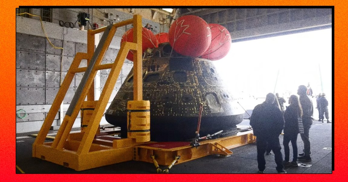 After its splashdown in the Pacific, NASA's Orion spacecraft, back from beyond the Moon, is now on solid ground, and it's looking pretty burned.