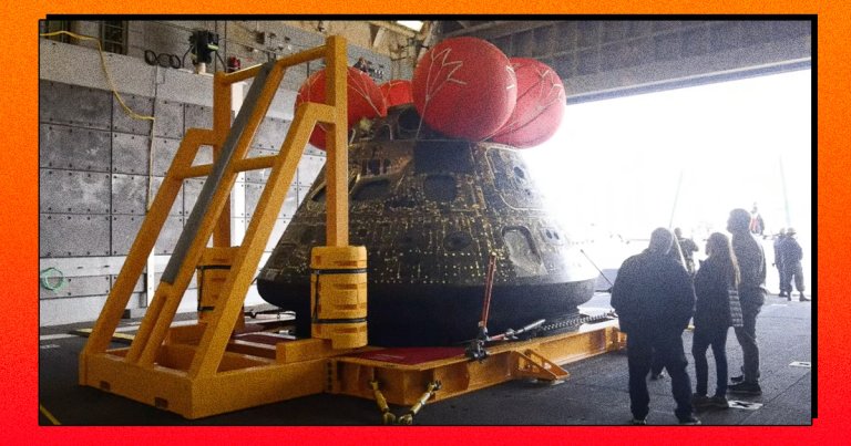 After its splashdown in the Pacific, NASA's Orion spacecraft, back from beyond the Moon, is now on solid ground, and it's looking pretty burned.