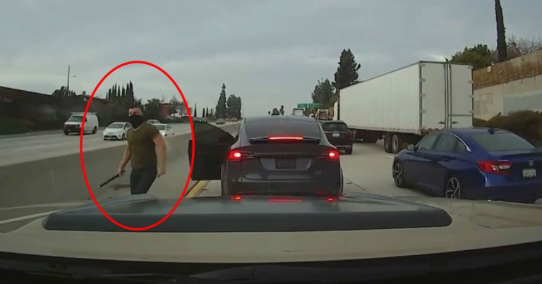 A masked Tesla driver armed with a pipe was caught on video viciously attacking someone else's car on a freeway in Los Angeles. 