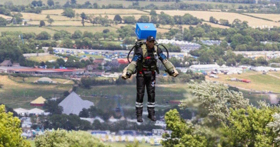 For what's believed to be the first time, a pizza was delivered by jetpack. The delivery was made by Domino's at the Glastonbury festival.