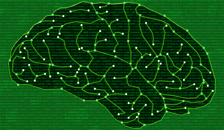 A green background filled with code text with a brain in the foreground.