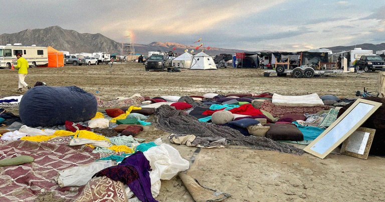 This year's Burning Man in the Nevada desert was marked by an extremely rare torrential rain. There's still a lot of trash to be picked up.