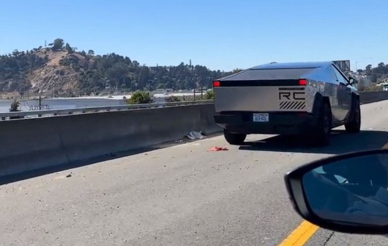 A Tesla Cybertruck with flashing hazard lights seemed to had become stalled on the side of a highway this weekend in California.