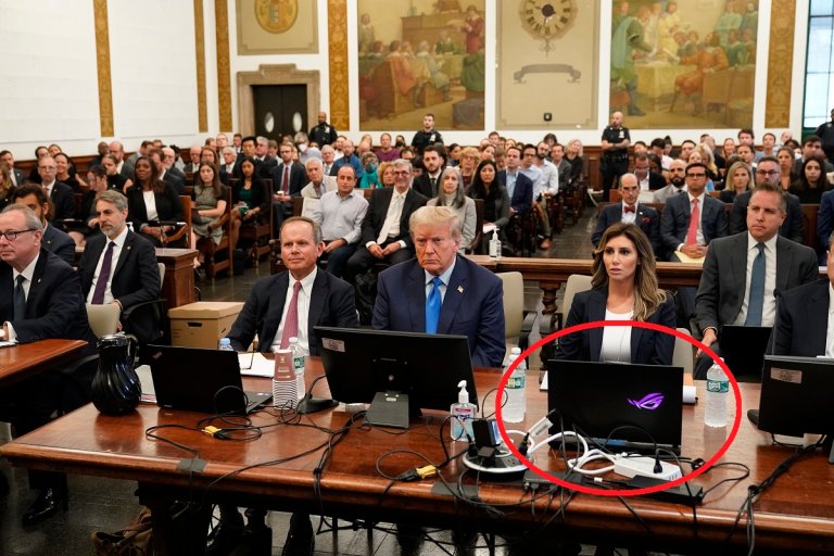 Trump layer Alina Habba showed up to the former president's Monday court hearing with a light-changing gamer's laptop.