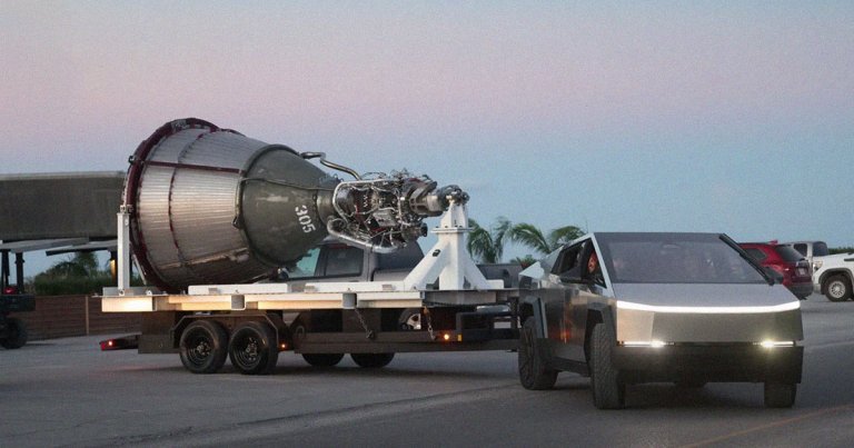Videos show Tesla's Cybertruck slowly driving down a road, with a second-stage Raptor Vacuum on a trailer behind it.